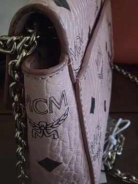 MCM Pink Logo Crossbody Bag with Gold Chain
